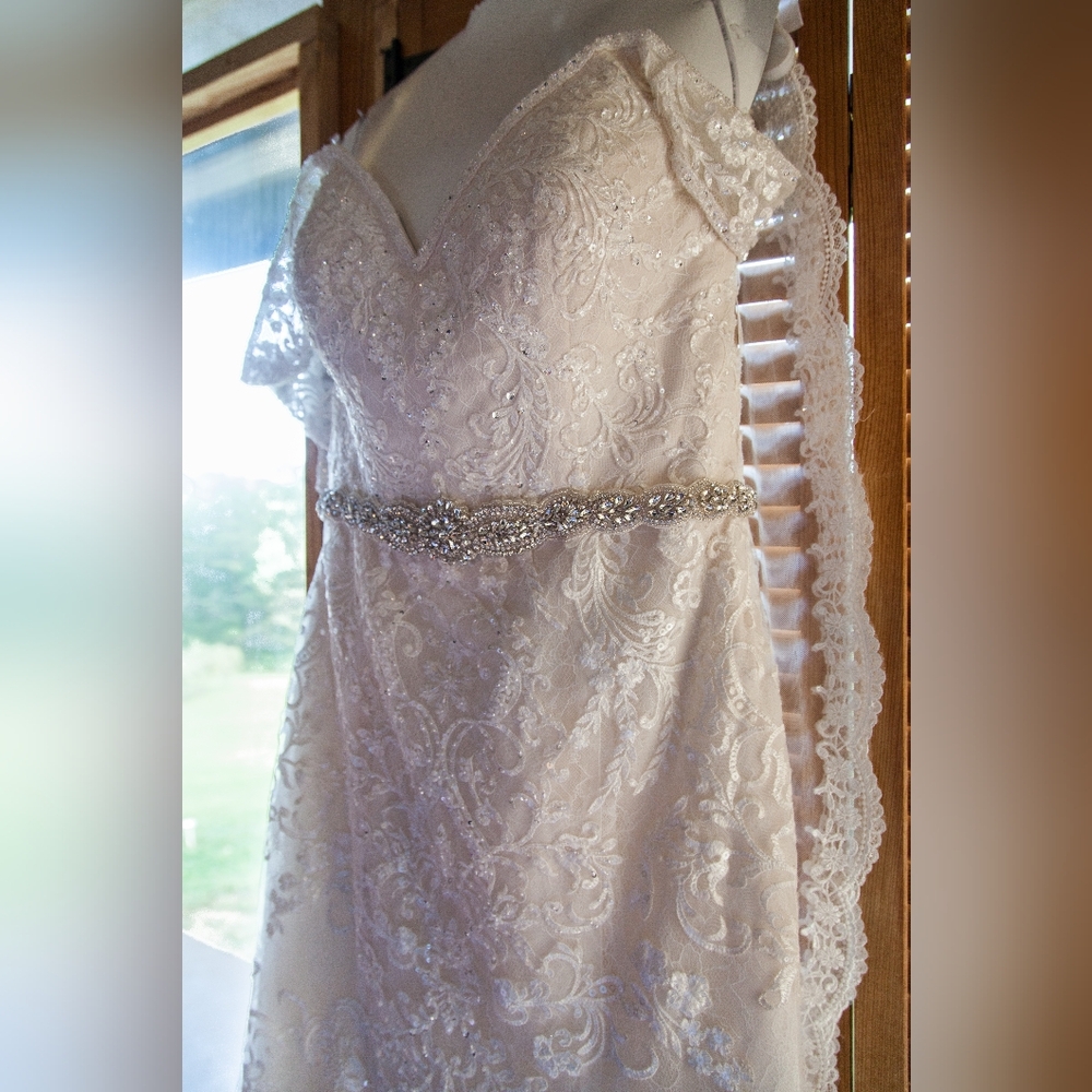 Oleg Cassini Cream Lace Wedding Dress with Silver Accents